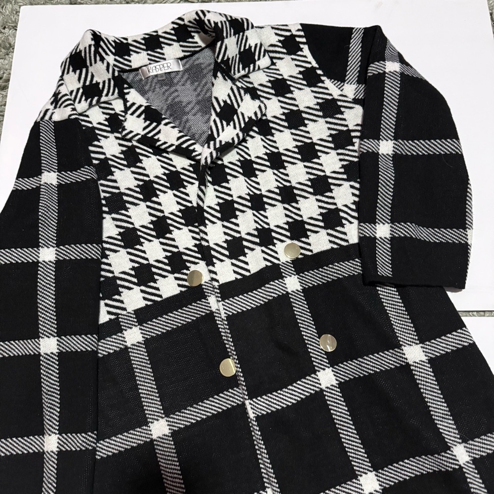 Kasper Women's Houndstooth Black & White Notch Collar Open-Front Sweater Size 1X - Picture 2 of 9